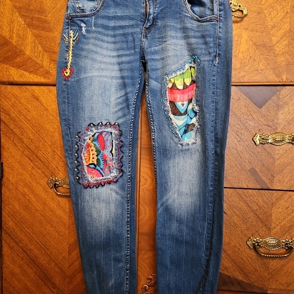Desigual Denim - Desigual Women's Boyfriend Jeans in Blue with Multicolor Patchwork